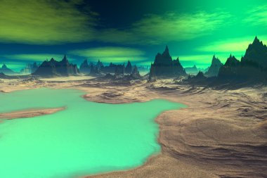 3D render fantezi uzaylı gezegenine. Kayalar ve göl 