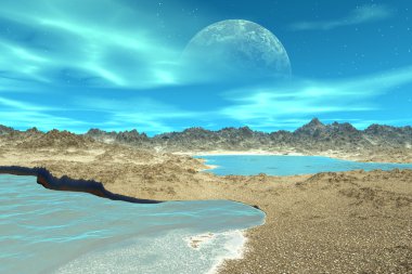 3D render fantezi uzaylı gezegenine. Kayalar ve göl 