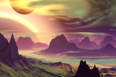 3D render fantezi uzaylı gezegenine. Kayalar ve göl 