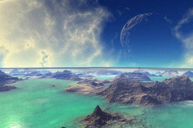 3D render fantezi uzaylı gezegenine. Kayalar ve göl 