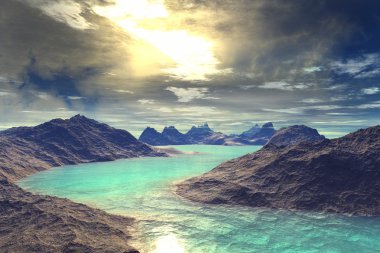 3D render fantezi uzaylı gezegenine. Kayalar ve göl 
