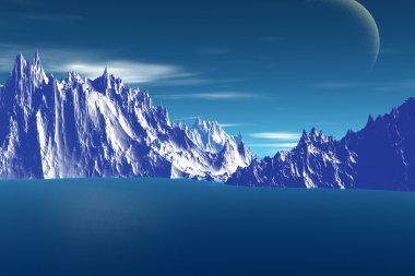 3D render fantezi uzaylı gezegenine. Kayalar ve göl 