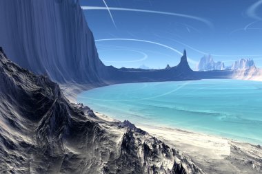 3D render fantezi uzaylı gezegenine. Kayalar ve göl 
