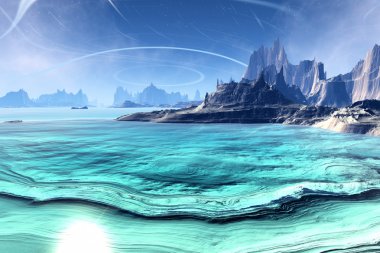 3D render fantezi uzaylı gezegenine. Kayalar ve göl 