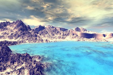 3D render fantezi uzaylı gezegenine. Kayalar ve göl 