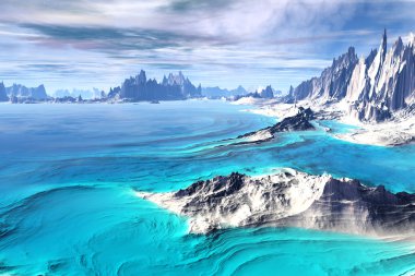 3D render fantezi uzaylı gezegenine. Kayalar ve göl 