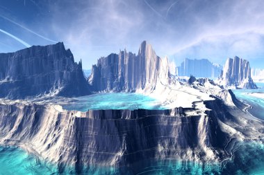 3D render fantezi uzaylı gezegenine. Kayalar ve göl 