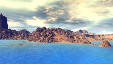 3D render fantezi uzaylı gezegenine. Kayalar ve göl 