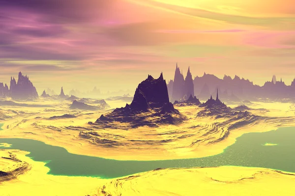 3D render fantezi uzaylı gezegenine. Kayalar ve göl 