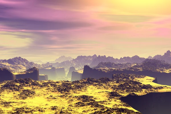 3D рендеринг фантазии чужой планеты. Скалы и озеро — стоковое фото