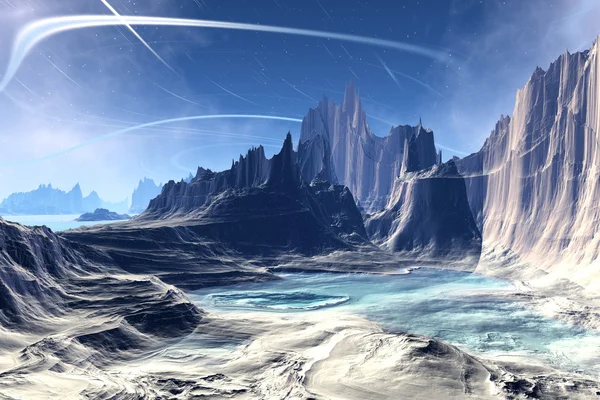 3D rendered fantasy alien planet. Rocks and lake — Stock Photo, Image