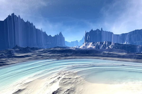 3D зобразив фентезі інопланетну планету. Скелі та озеро — стокове фото