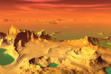 3D render fantezi uzaylı gezegenine. Kayalar ve göl 