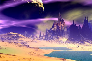 3D render fantezi uzaylı gezegenine. Kayalar ve ay