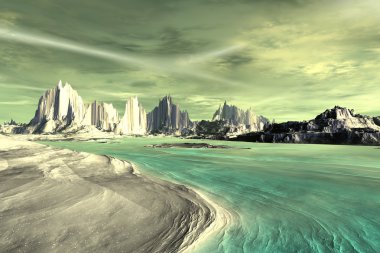 3D render fantezi uzaylı gezegenine. Kayalar ve göl 