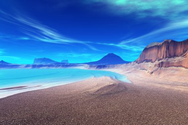 3D render fantezi uzaylı gezegenine. Kayalar ve göl 