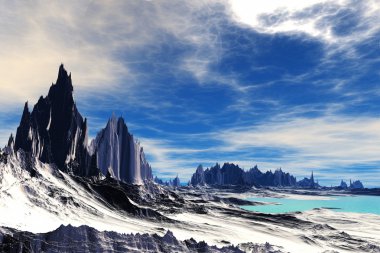 3D render fantezi uzaylı gezegenine. Kayalar ve göl 