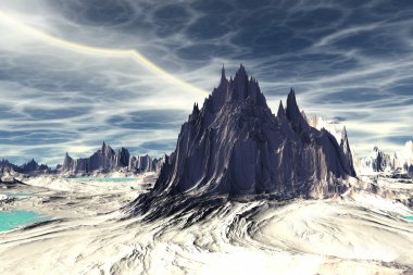 3D render fantezi uzaylı gezegenine. Kayalar ve göl 