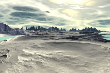 3D render fantezi uzaylı gezegenine. Kayalar ve göl 