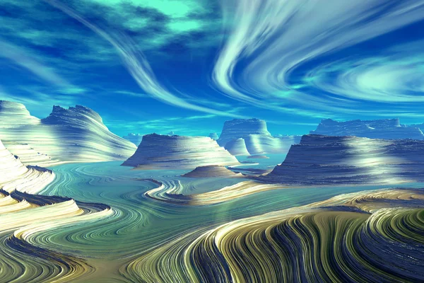 3D rendu fantasme exotique planète. Rochers et lac — Photo