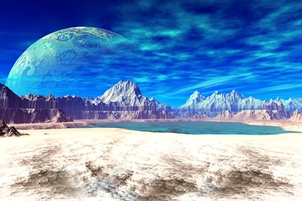 3D utsmält fantasy främmande planet. Stenar och månen — Stockfoto