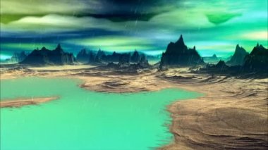 3D render fantezi uzaylı gezegenine. Kayalar ve göl