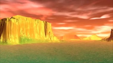 3D render fantezi uzaylı gezegenine. Kayalar ve göl