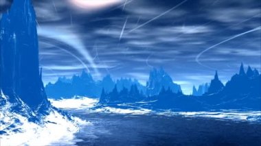 3D render fantezi uzaylı gezegenine. Kayalar ve göl