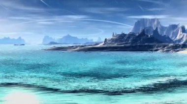 3D render fantezi uzaylı gezegenine. Kayalar ve göl