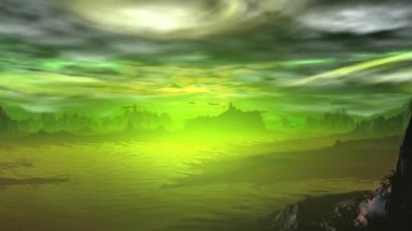 3D render fantezi uzaylı gezegenine. Kayalar ve göl