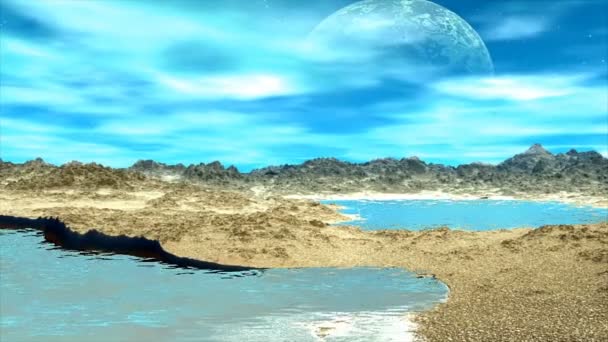 3D τετηγμένα φαντασία εξωγήινο πλανήτη. Βράχια και λίμνη — Αρχείο Βίντεο