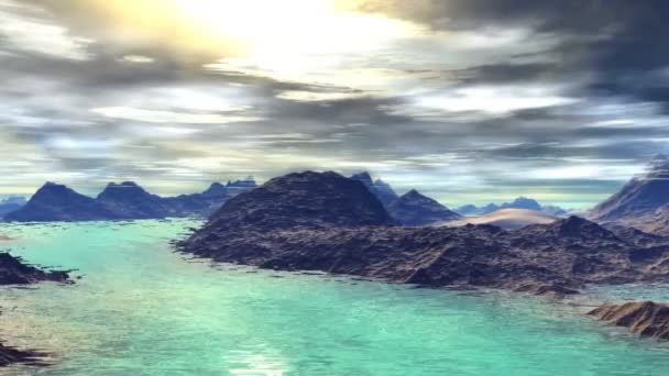 3D-gerenderde fantasie buitenaardse planeet. Rotsen en meer — Stockvideo