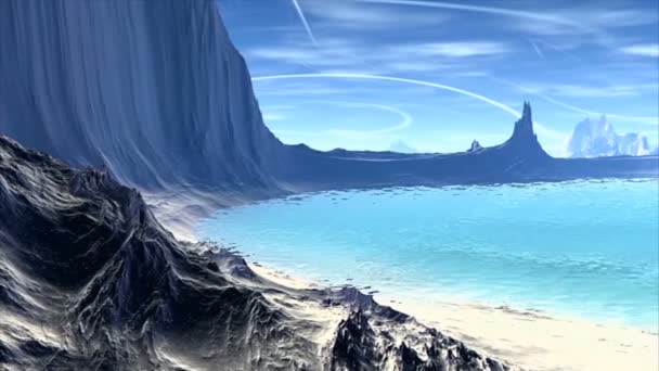 3D rendered fantasy alien planet. Rocks and lake — Stock Video