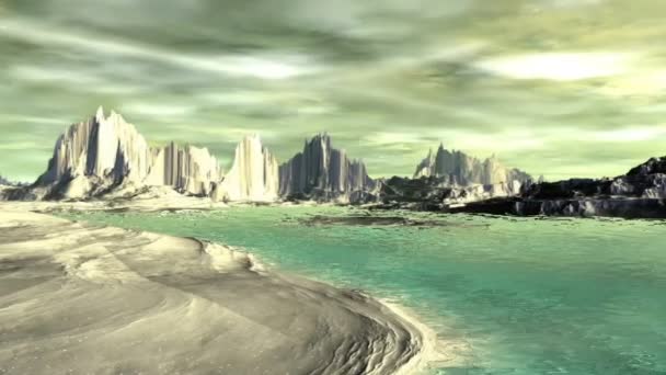 3D-gerenderde fantasie buitenaardse planeet. Rotsen en meer — Stockvideo