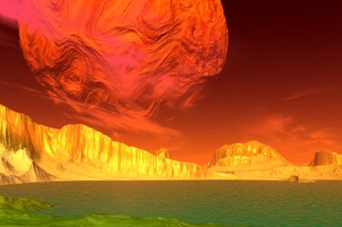 3D render fantezi uzaylı gezegenine. Kayalar ve ay