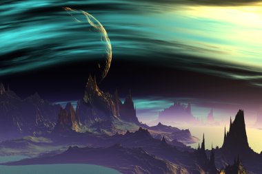 3D render fantezi uzaylı gezegenine. Kayalar ve ay