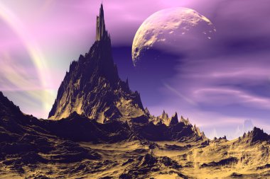 3D render fantezi uzaylı gezegenine. Kayalar ve ay