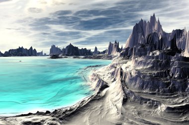 3D render fantezi uzaylı gezegenine. Kayalar ve göl 