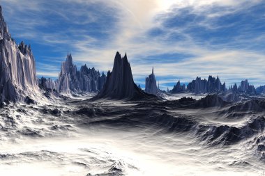 3D render fantezi uzaylı gezegenine. Kayalar ve gökyüzü 