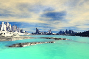 3D render fantezi uzaylı gezegenine. Kayalar ve göl 