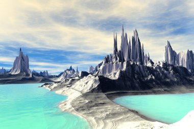 3D render fantezi uzaylı gezegenine. Kayalar ve göl 
