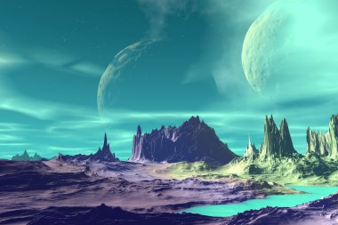 3D render fantezi uzaylı gezegenine. Kayalar ve ay