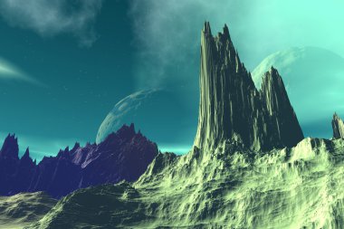 3D render fantezi uzaylı gezegenine. Kayalar ve ay