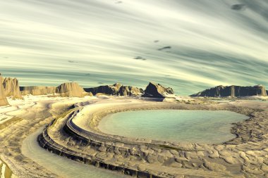 3D render fantezi uzaylı gezegenine. Kayalar ve göl 