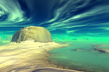 3D render fantezi uzaylı gezegenine. Kayalar ve göl 