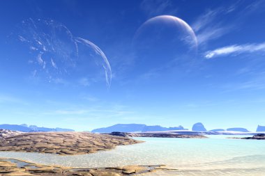 3D render fantezi uzaylı gezegenine. Kayalar ve ay