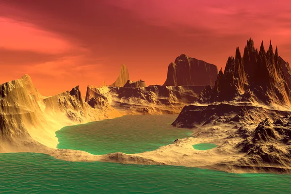 3D rendered fantasy alien planet. Rocks and lake — Stock Photo, Image