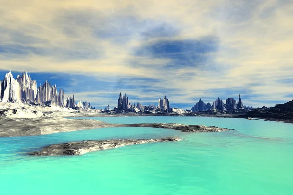 3D renderizado planeta alienígena fantasía. Rocas y lago —  Fotos de Stock