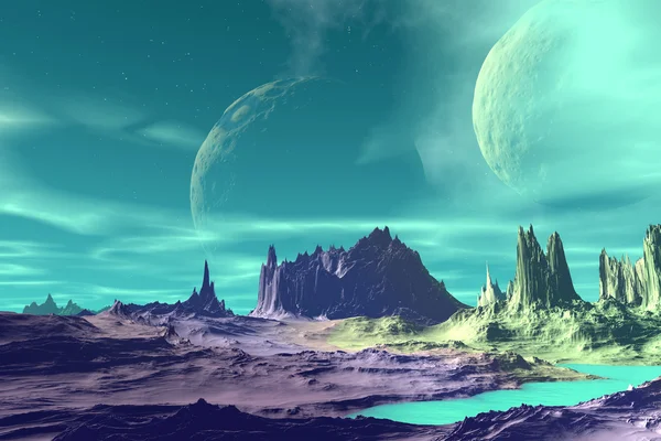 3D-s renderelt fantasy idegen bolygón. Sziklák és a Hold — Stock Fotó