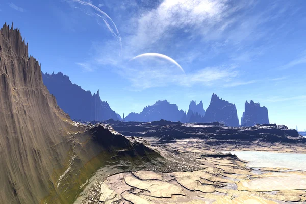 3D renderizado planeta alienígena fantasía. Rocas y luna —  Fotos de Stock